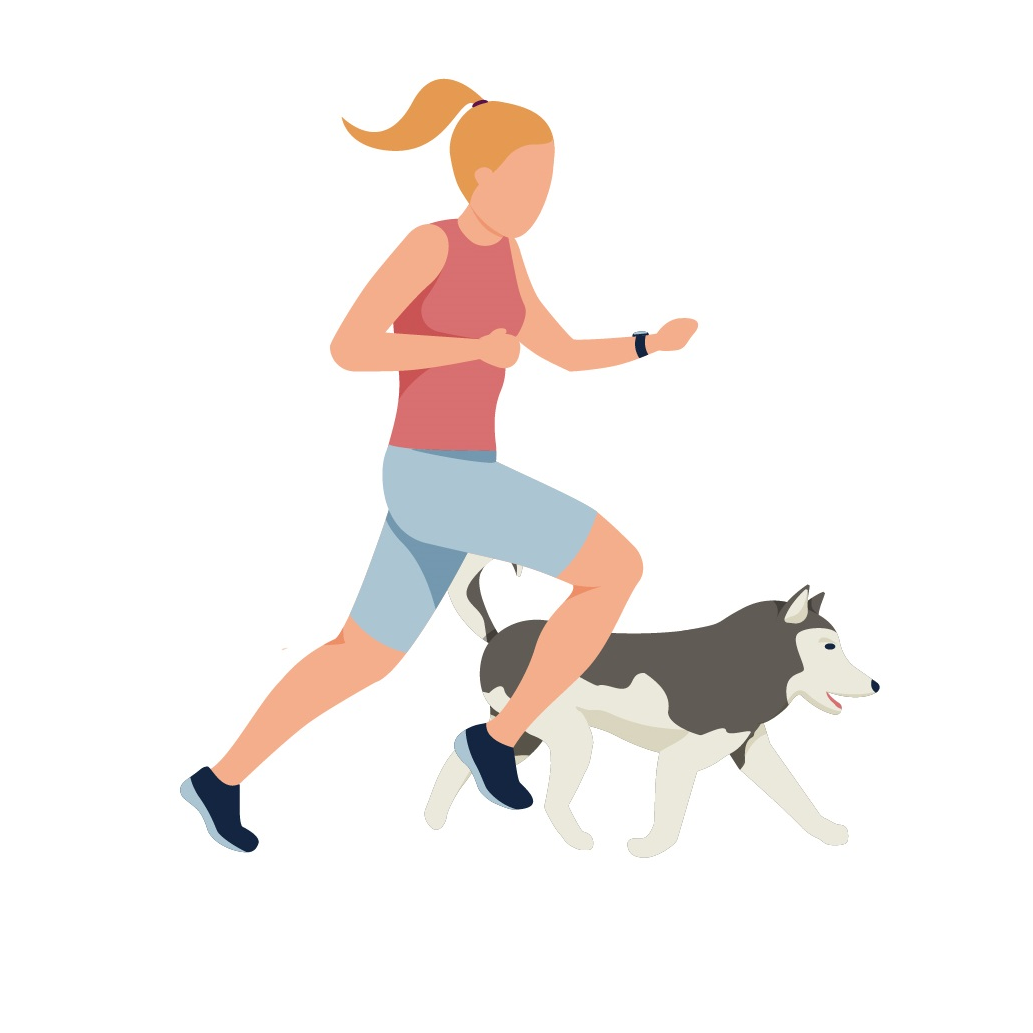 cartoon image of a woman running with a husky