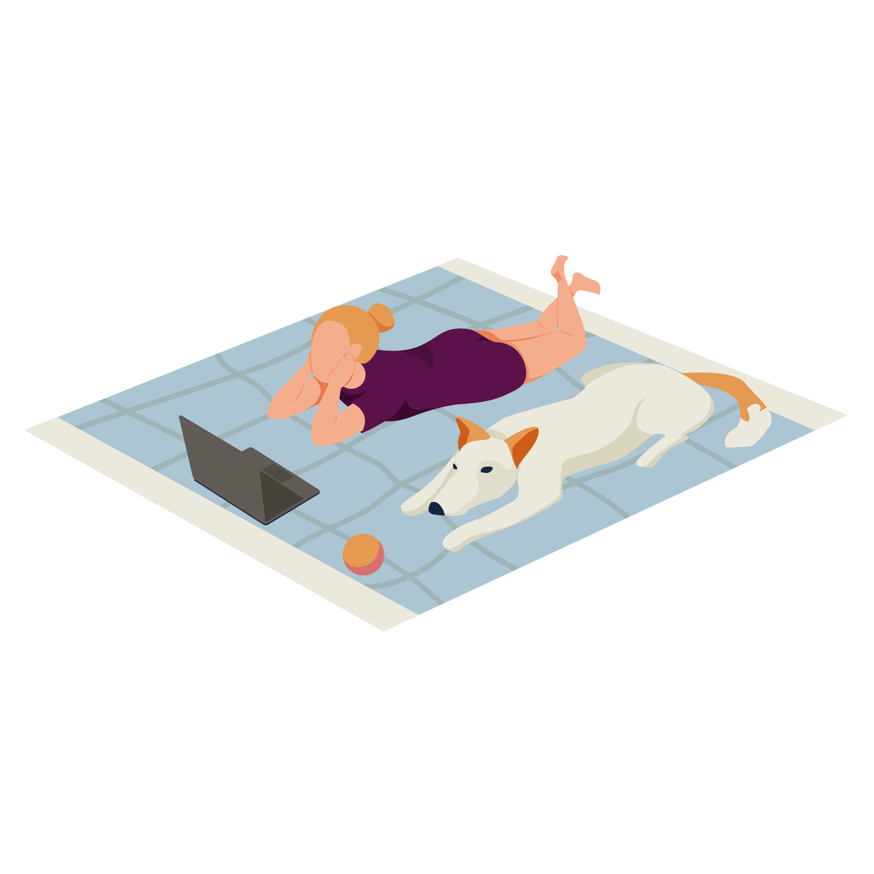 cartoon image of a dog lying next to a woman on a matt