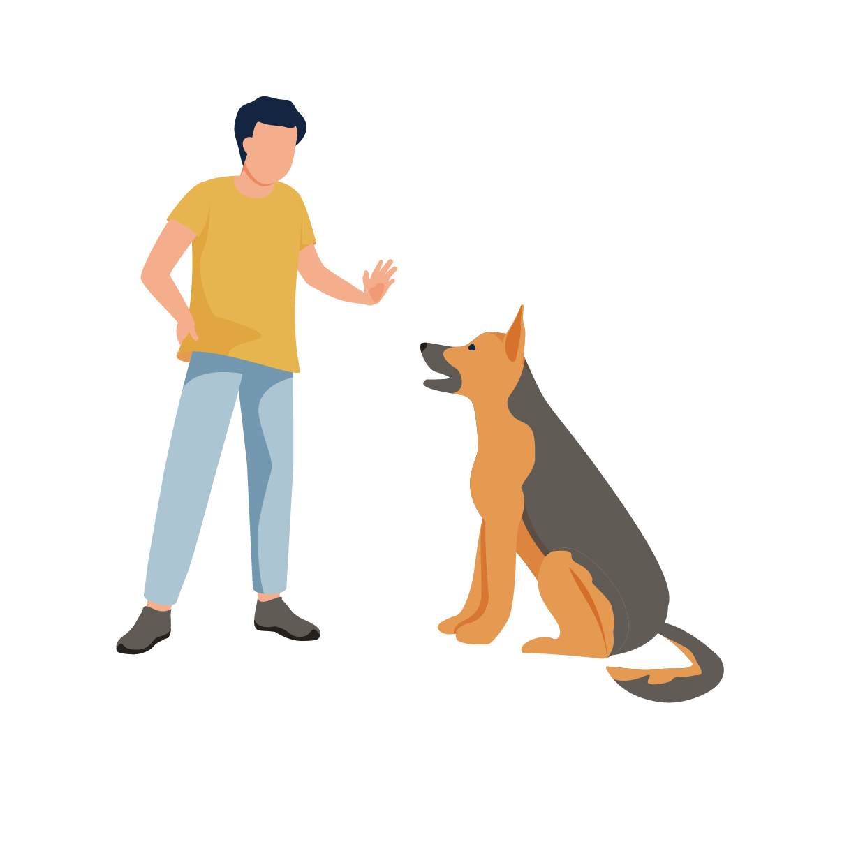 cartoon image of a man asking a dog to sit down