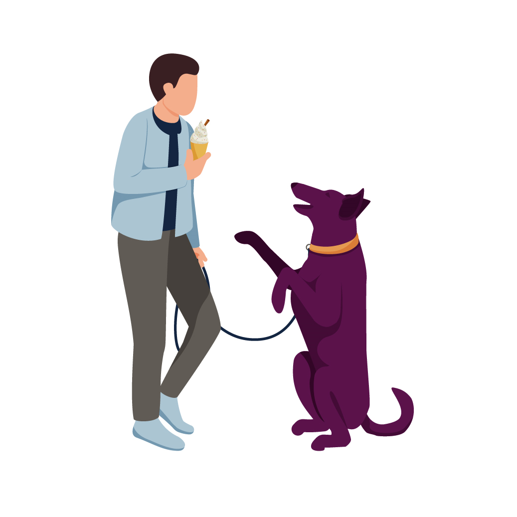 cartoon image of a man walking with a large dog