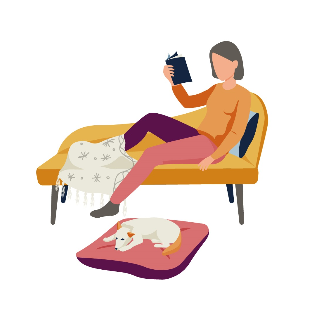 cartoon image of a woman on a couch reading a book with a dog sleeping on a pillow next to her