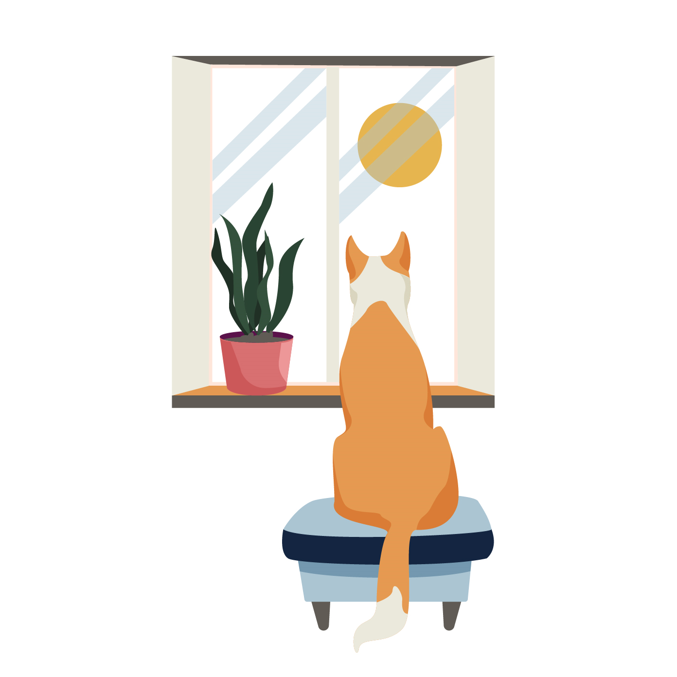 cartoon image of a dog sitting alone looking out a window