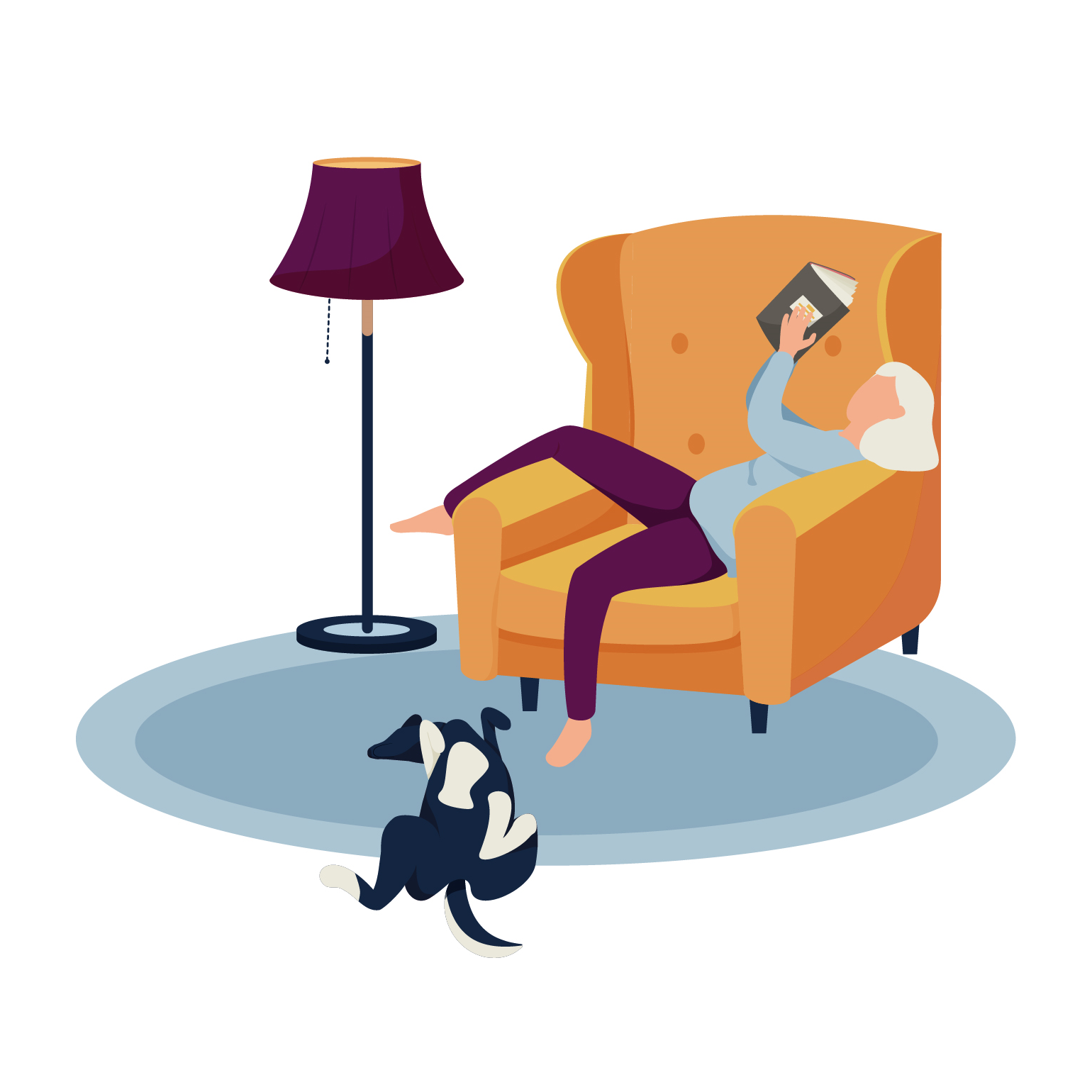 cartoon image of a woman and dog lounging together