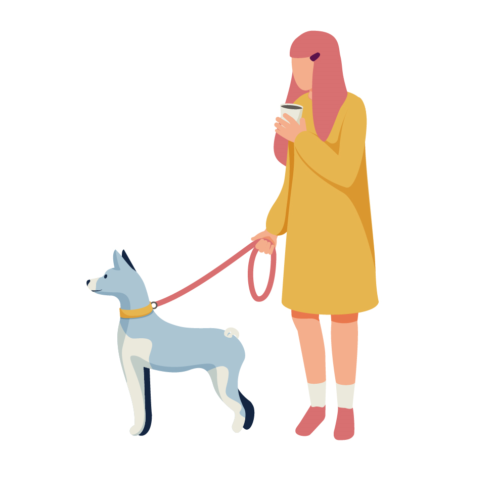 cartoon image of a woman walking with a medium dog