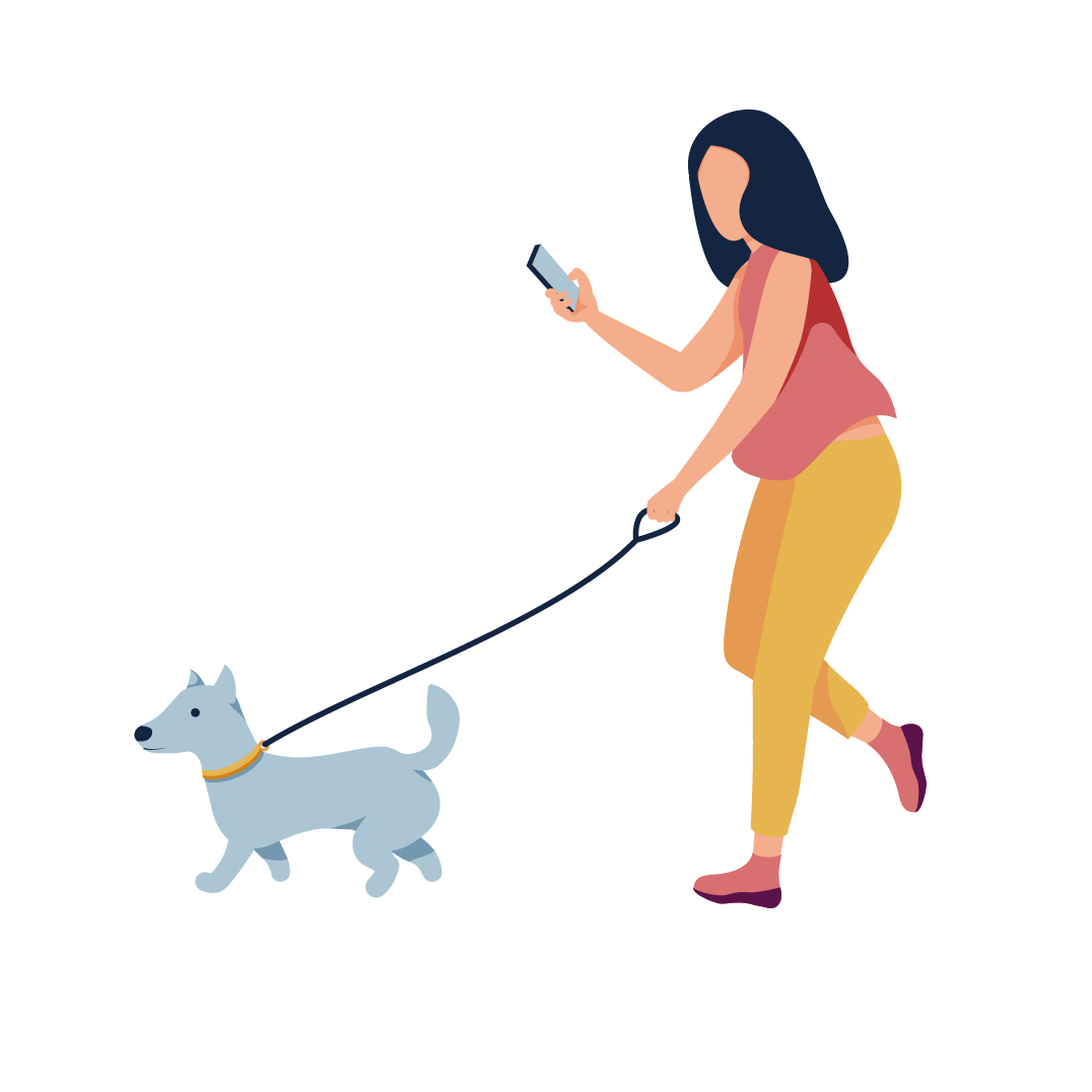 cartoon image of a woman walking with a small dog